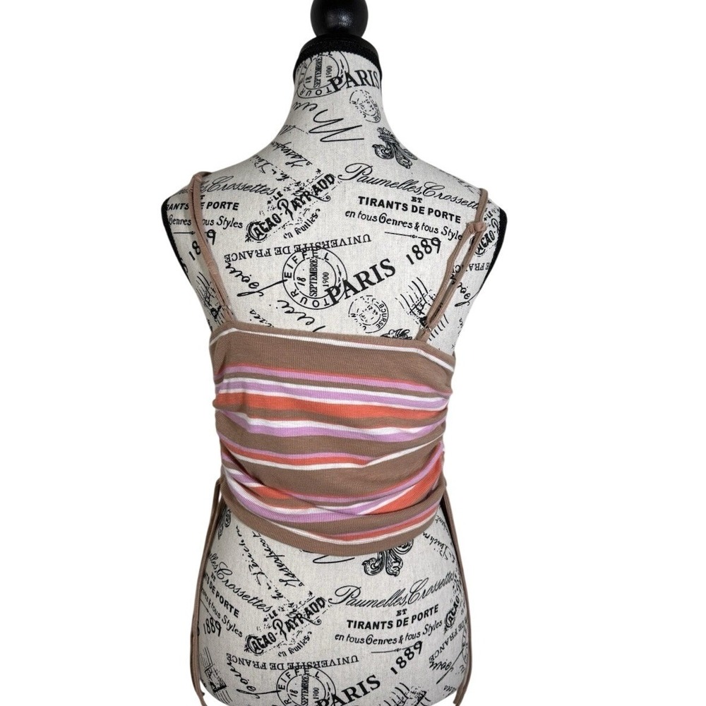 Aerie Women's Striped Crop Top Size L Pink Brown Sleeveless Tie Side Casual - Picture 3 of 8